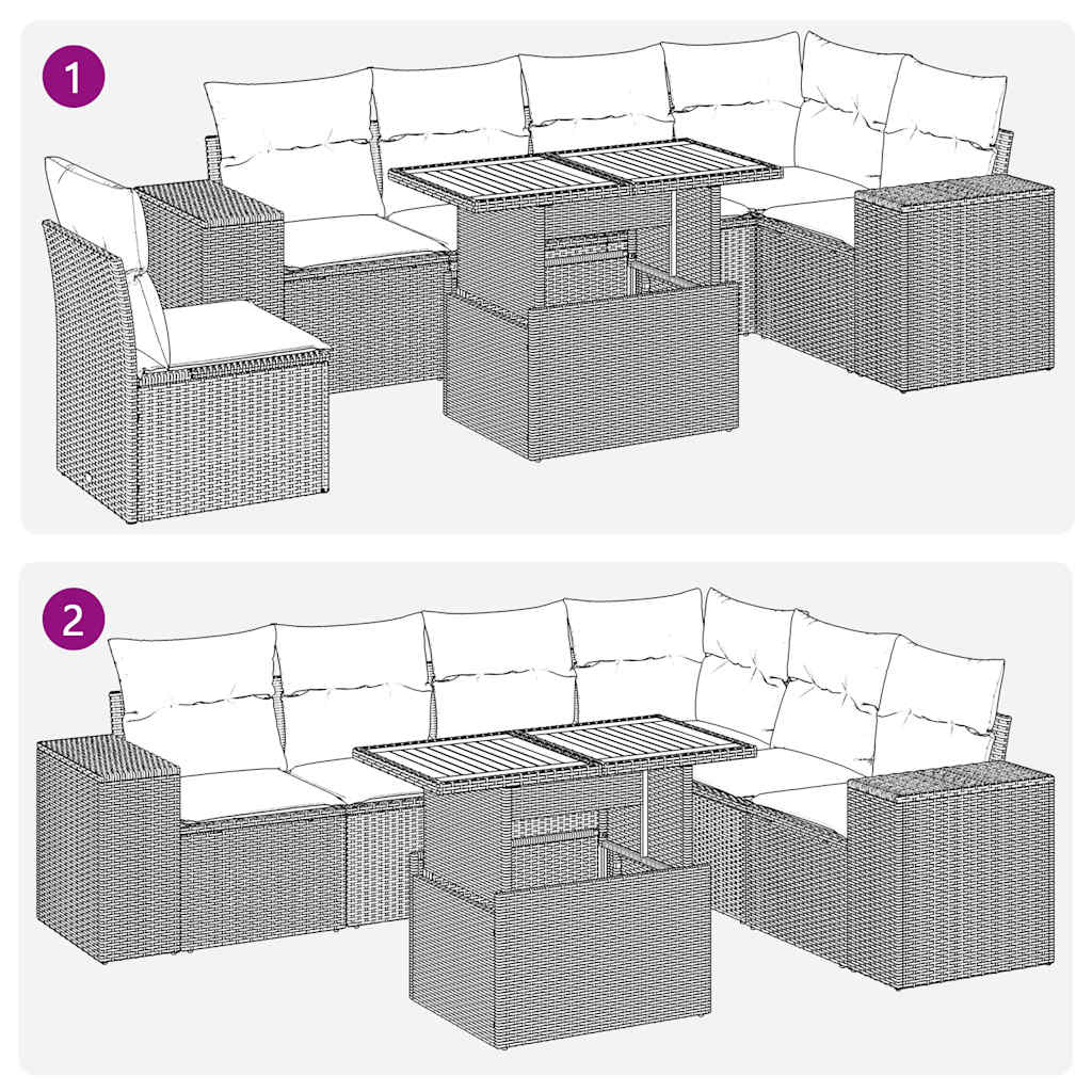 7-tlg. Garten-Sofagarnitur mit Kissen Beige Poly Rattan
