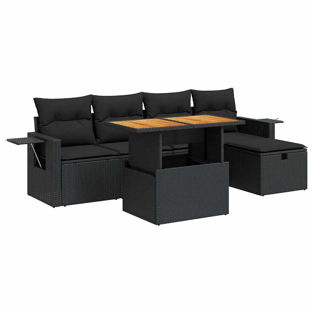 6-tlg. Garten-Sofagarnitur mit Kissen Schwarz Poly Rattan