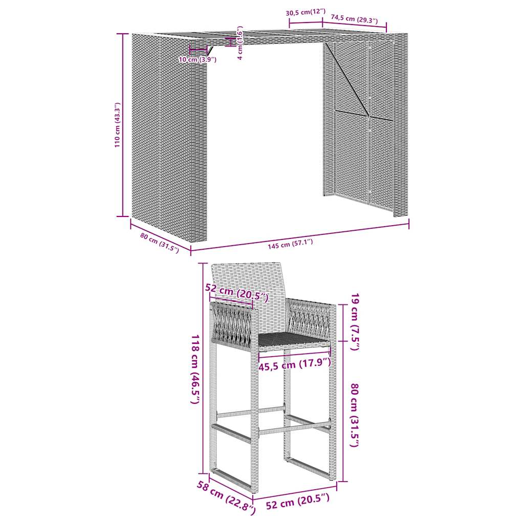 5-tlg. Gartenbar-Set ohne Kissen Schwarz Poly Rattan Akazie