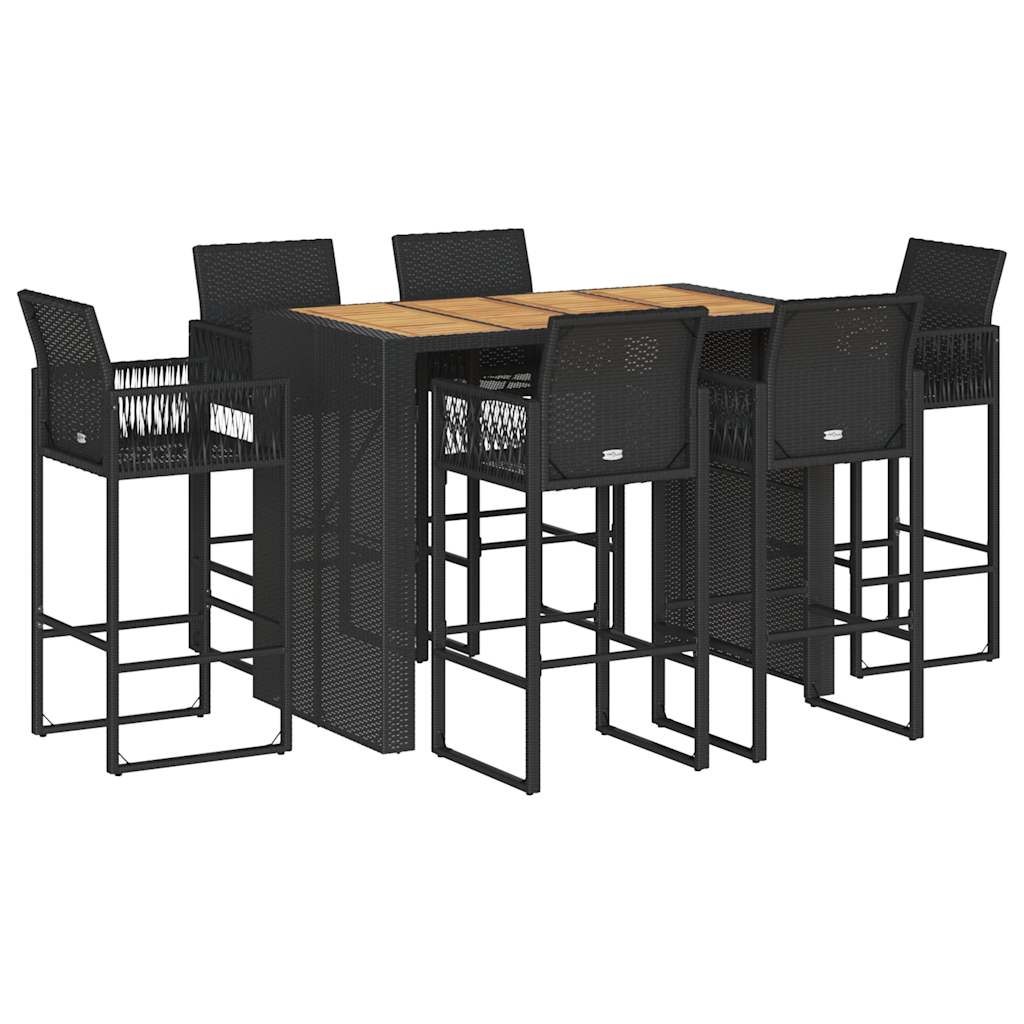 7-tlg. Gartenbar-Set ohne Kissen Schwarz Poly Rattan Akazie