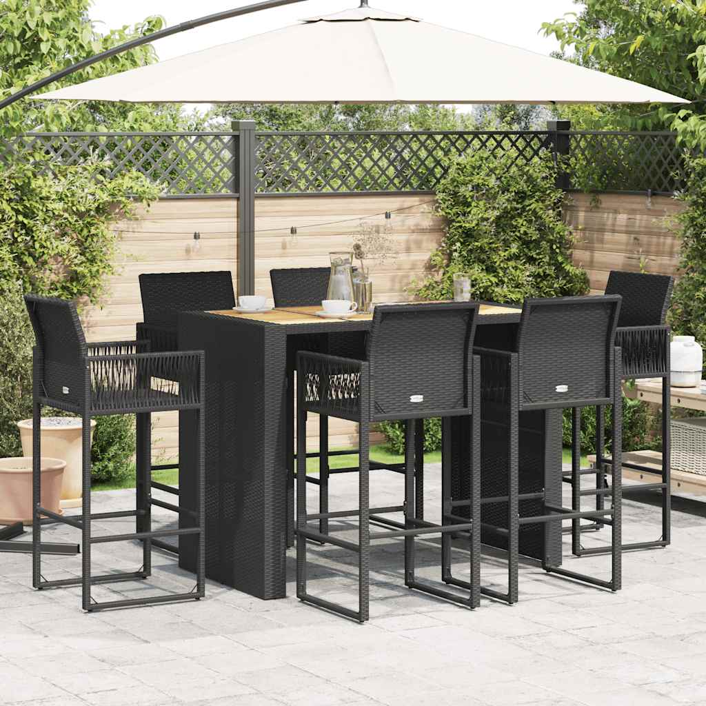 7-tlg. Gartenbar-Set ohne Kissen Schwarz Poly Rattan Akazie
