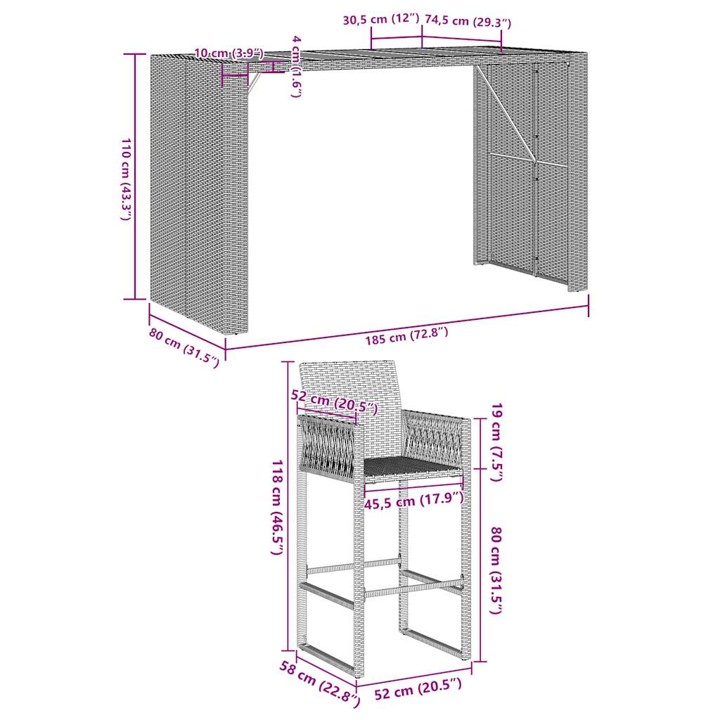 7-tlg. Gartenbar-Set ohne Kissen Schwarz Poly Rattan Akazie