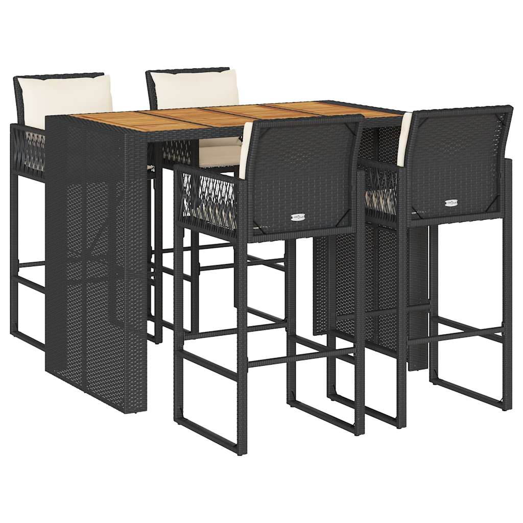 5-tlg. Gartenbar-Set mit Kissen Schwarz Poly Rattan Akazie