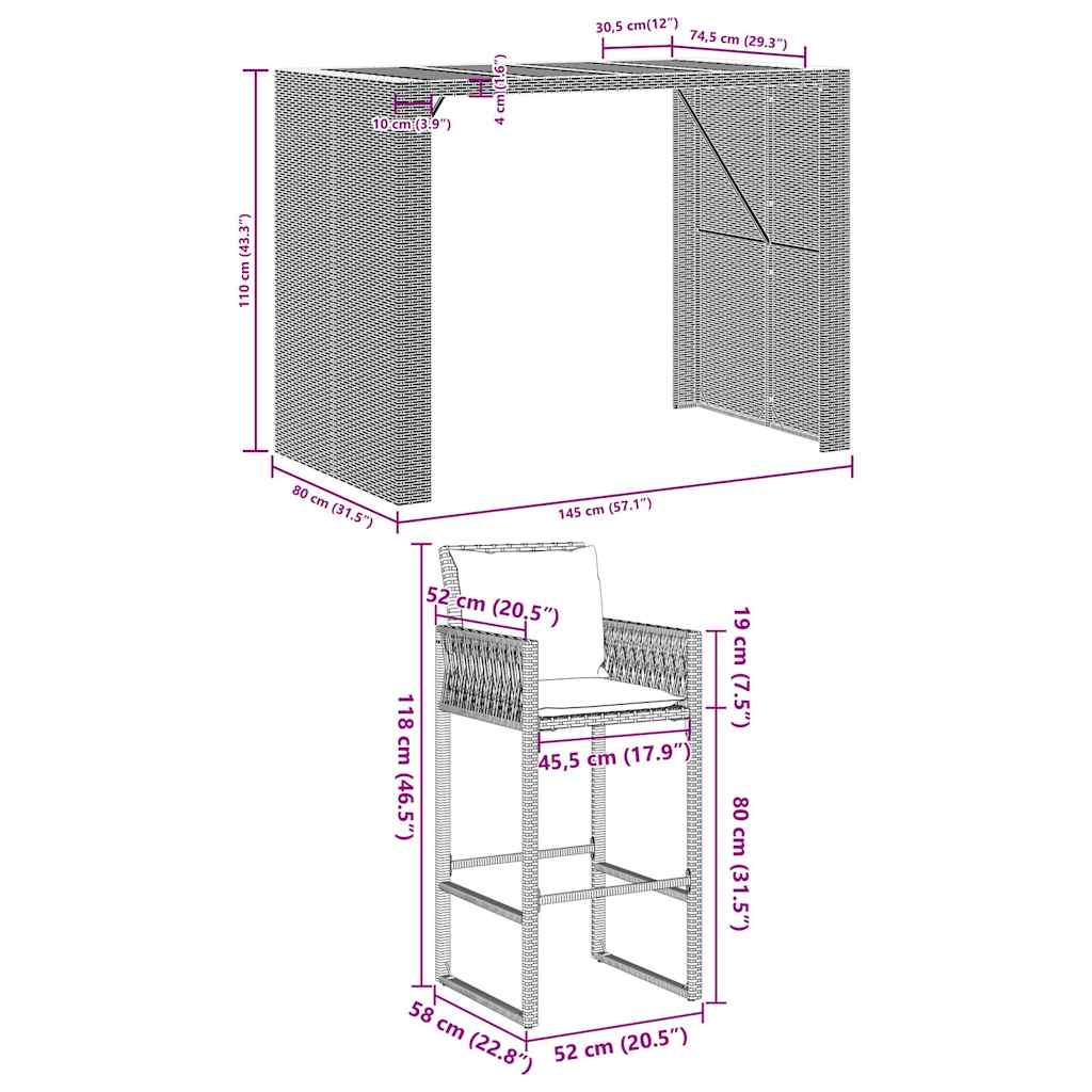 5-tlg. Gartenbar-Set mit Kissen Schwarz Poly Rattan Akazie