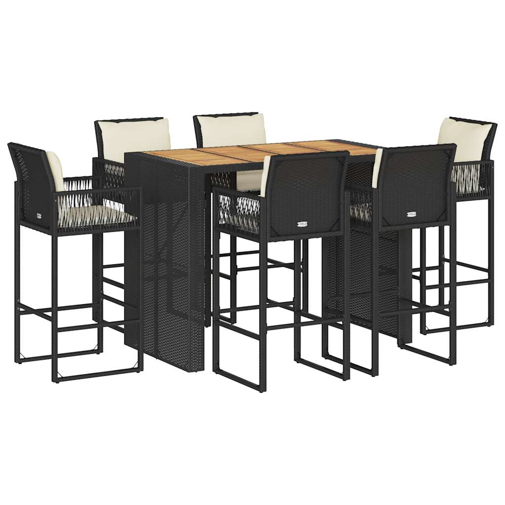 7-tlg. Gartenbar-Set mit Kissen Schwarz Poly Rattan Akazie