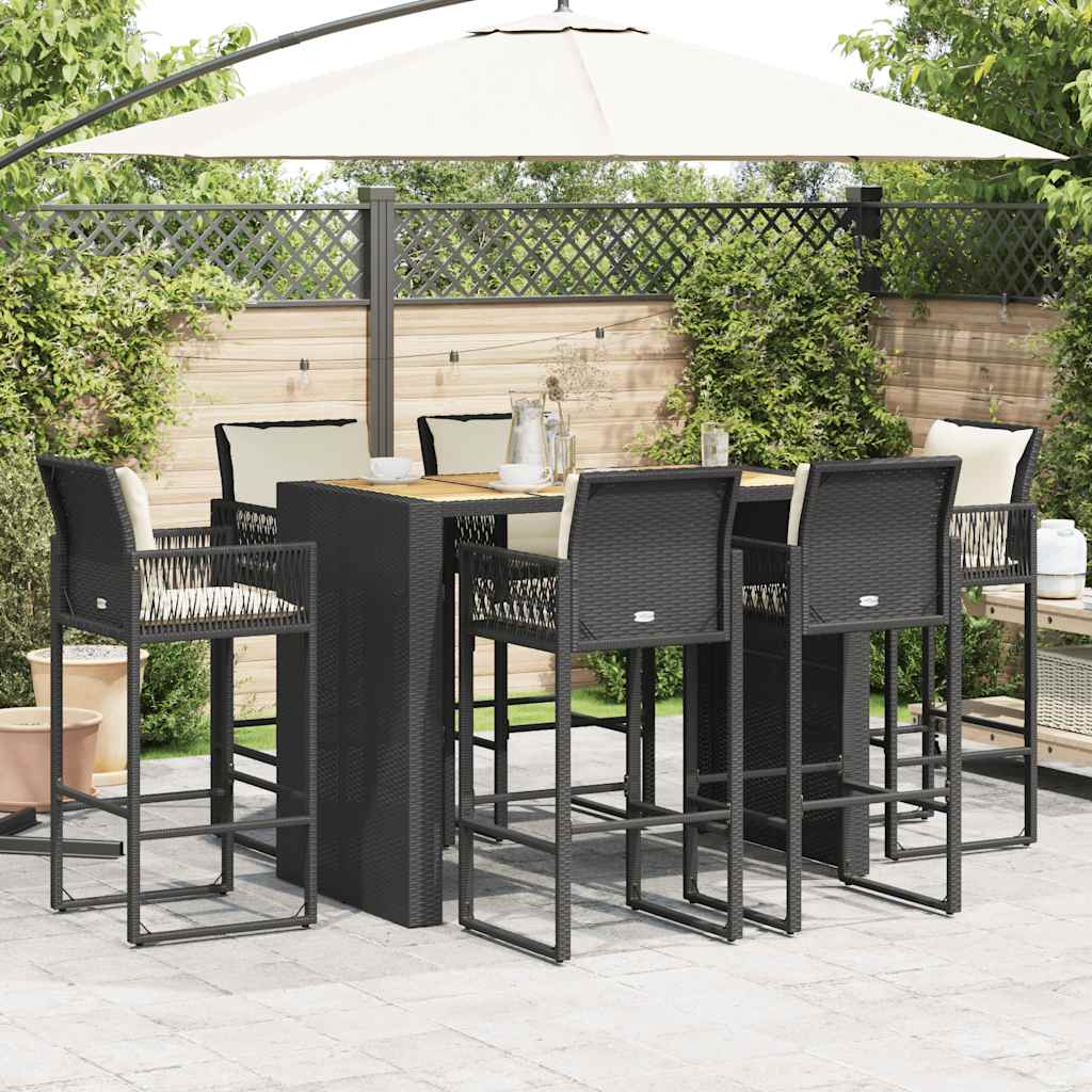 7-tlg. Gartenbar-Set mit Kissen Schwarz Poly Rattan Akazie