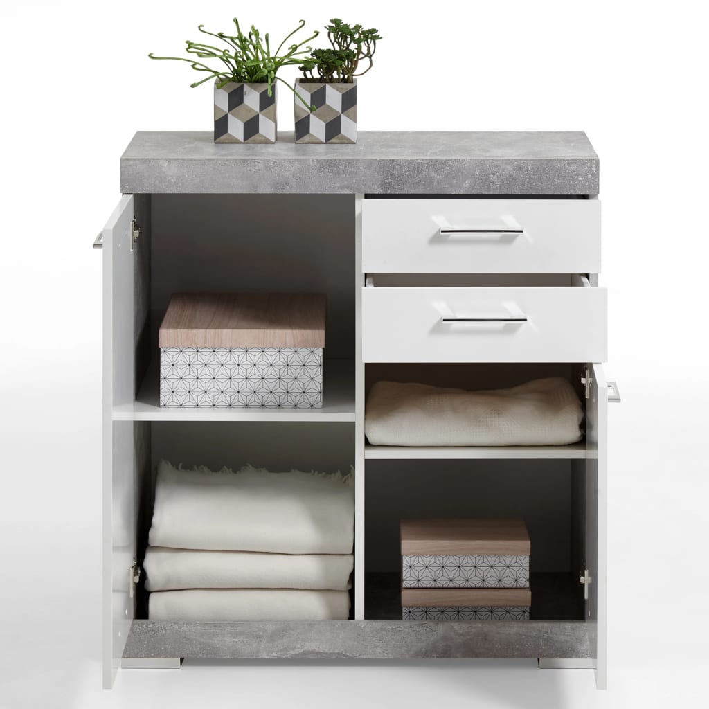 FMD Kommode mit 2 Türen & 2 Schubladen 80×34,9×89,9 cm Weiß/Betongrau