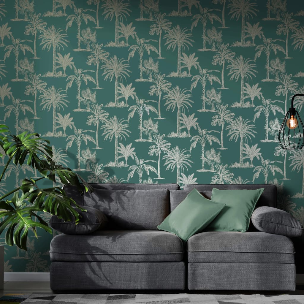 DUTCH WALLCOVERINGS Tapete Tropische Bäume Blaugrün und Silbern