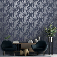 Thumbnail for DUTCH WALLCOVERINGS Tapete Pfauen-Motiv Marineblau und Silbern