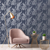 Thumbnail for DUTCH WALLCOVERINGS Tapete Pfauen-Motiv Marineblau und Silbern
