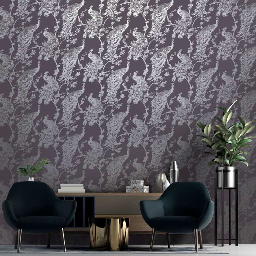 DUTCH WALLCOVERINGS Tapete Pfauen-Motiv Lila und Silbern