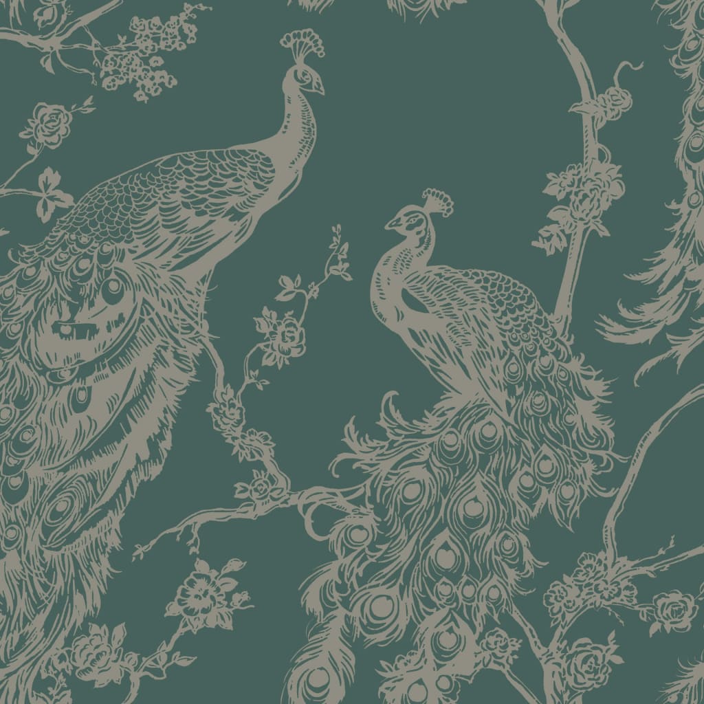 DUTCH WALLCOVERINGS Tapete Pfauen-Motiv Grün und Silbern