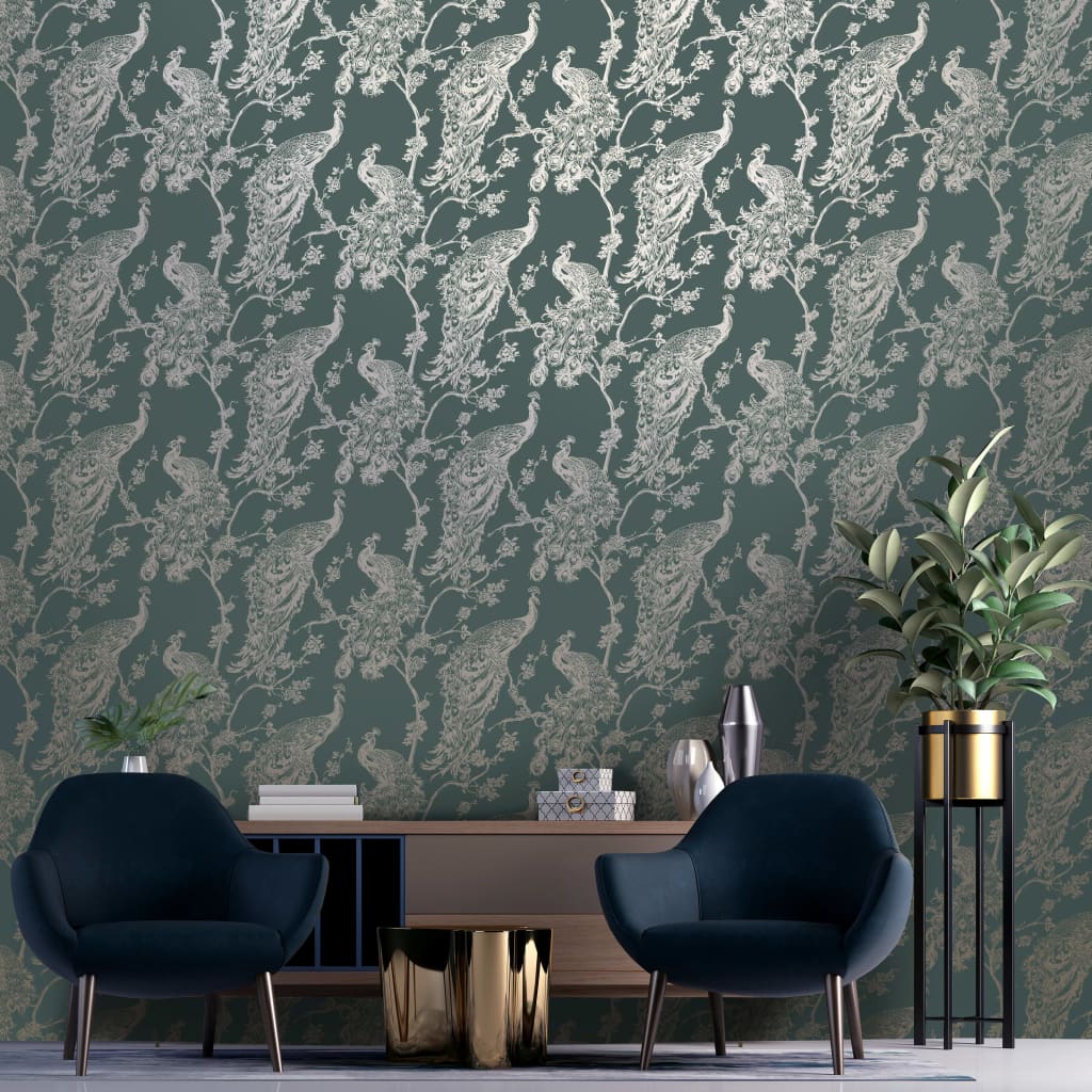 DUTCH WALLCOVERINGS Tapete Pfauen-Motiv Grün und Silbern