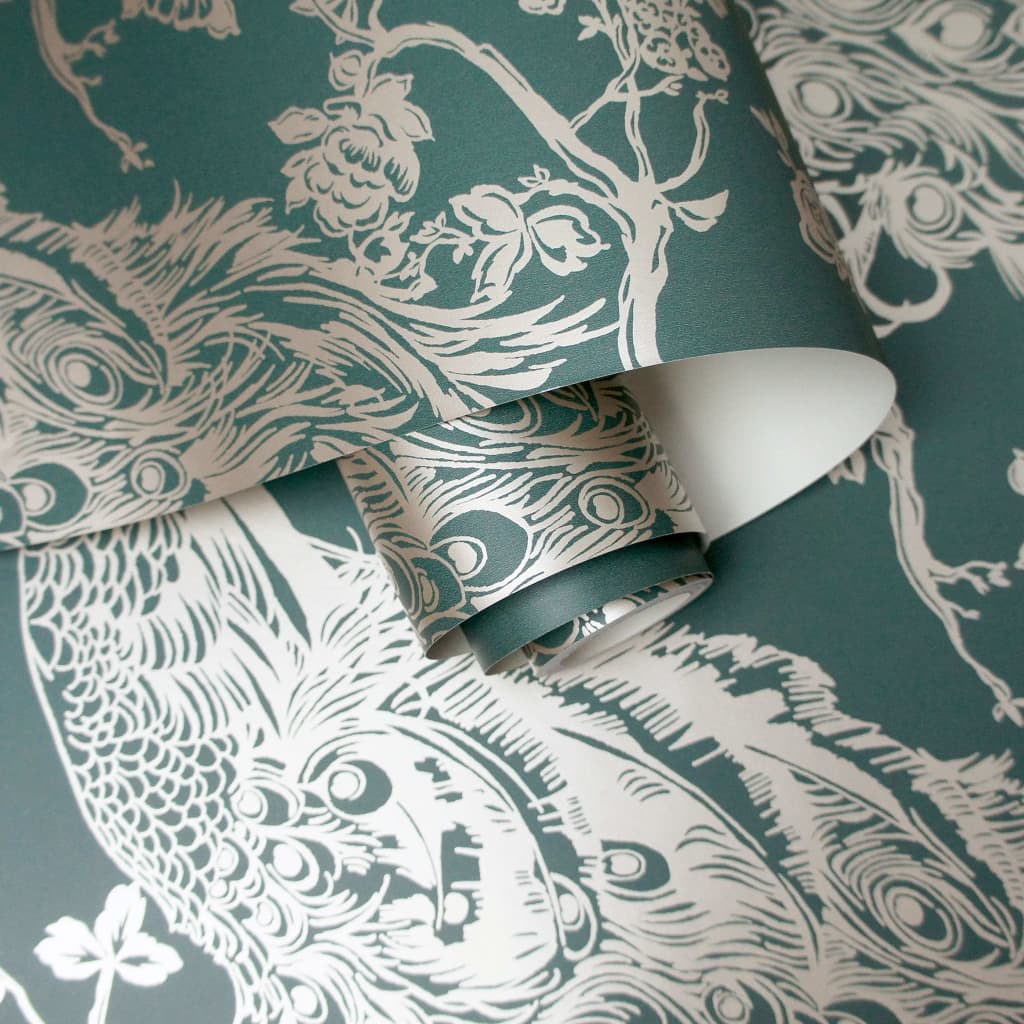 DUTCH WALLCOVERINGS Tapete Pfauen-Motiv Grün und Silbern