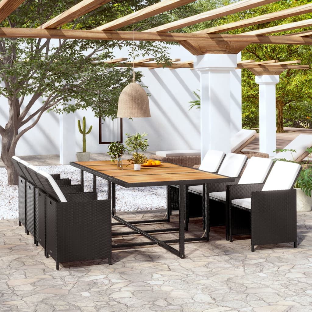 13-tlg. Garten-Essgruppe mit Auflagen Poly Rattan Schwarz