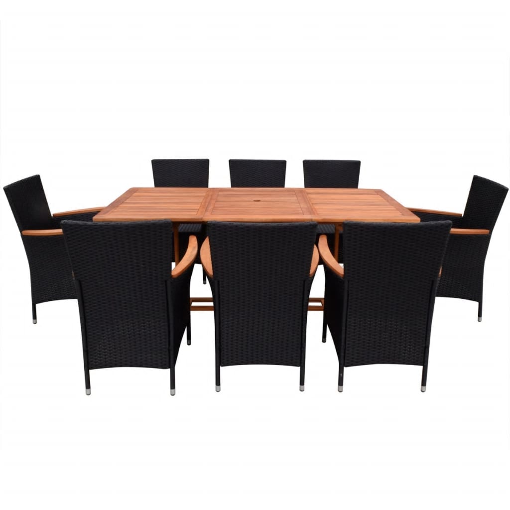 9-tlg. Garten-Essgruppe mit Auflagen Poly Rattan Schwarz