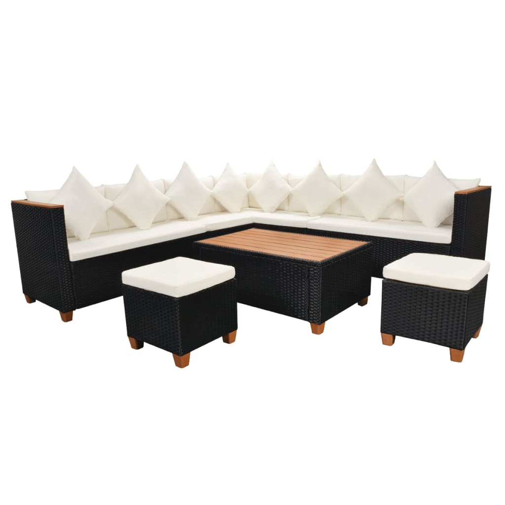 7-tlg. Garten-Lounge-Set mit Auflagen Poly Rattan Schwarz