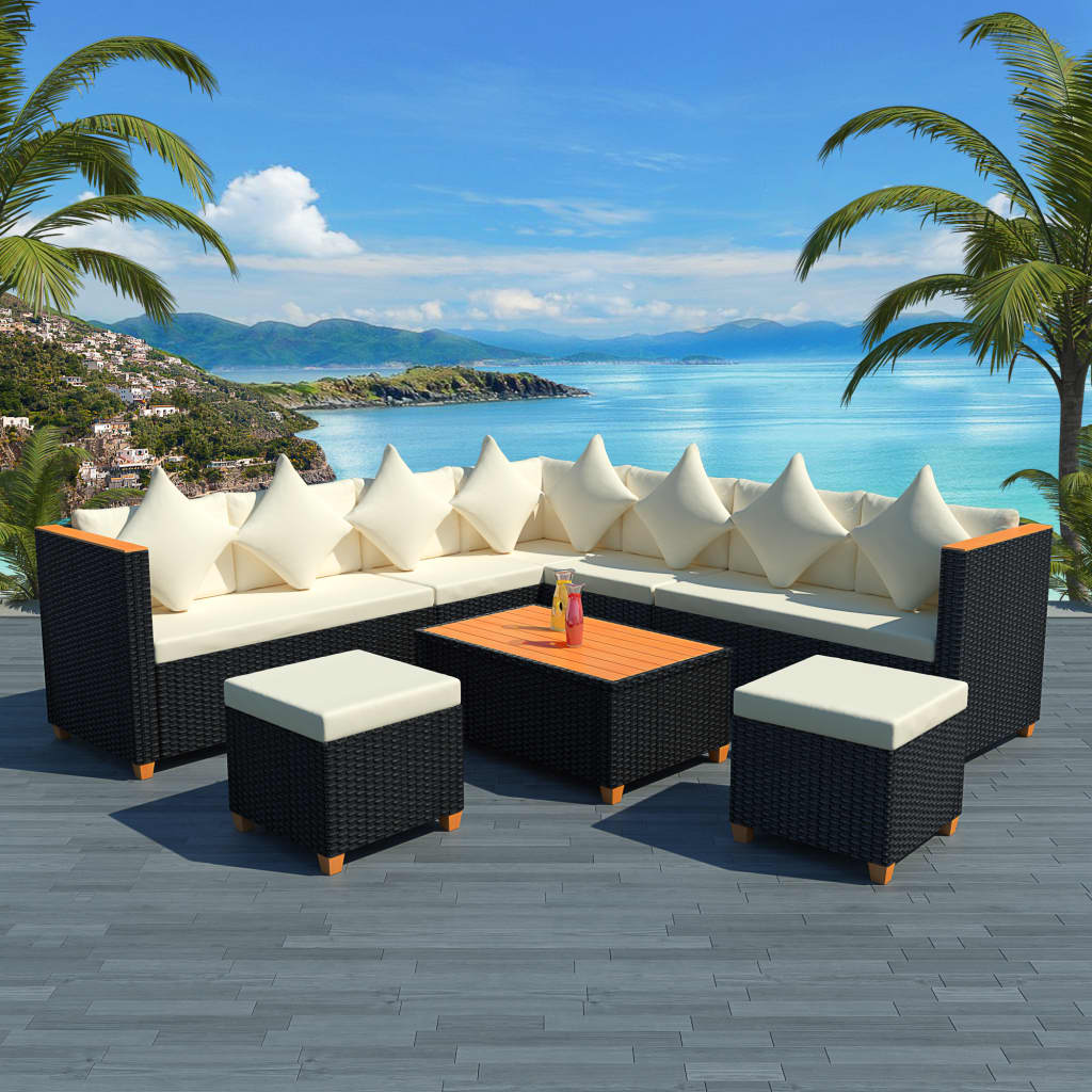 7-tlg. Garten-Lounge-Set mit Auflagen Poly Rattan Schwarz