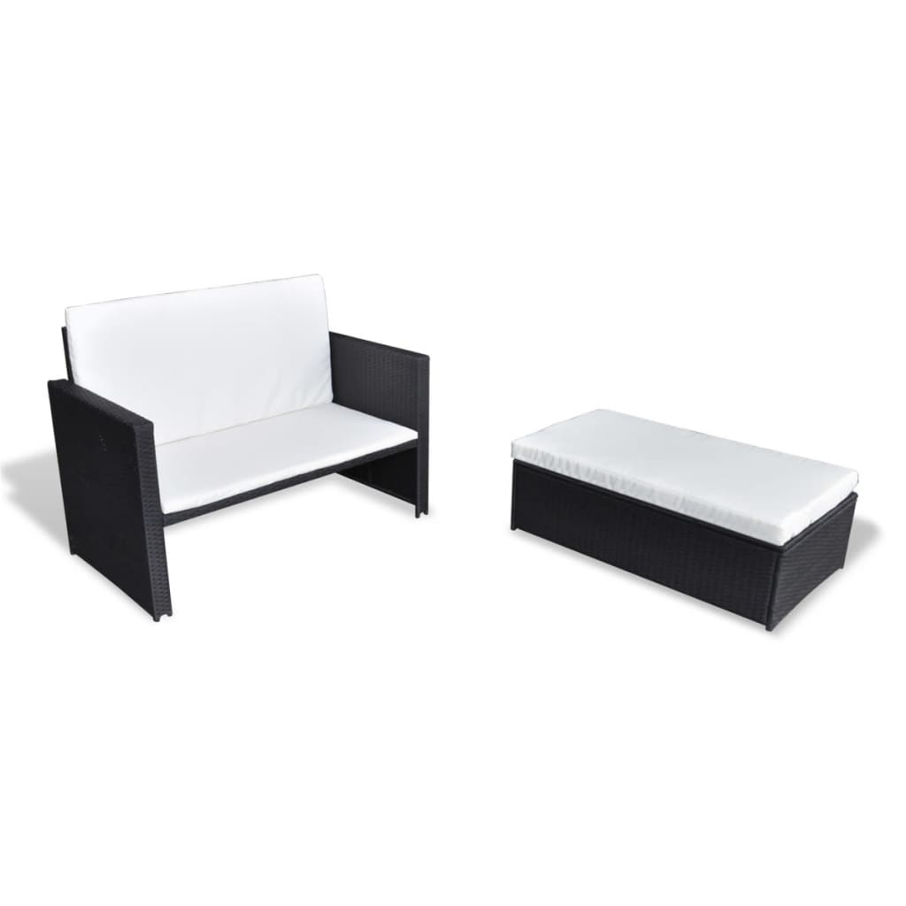 2-tlg. Garten-Lounge-Set mit Auflagen Poly Rattan Schwarz
