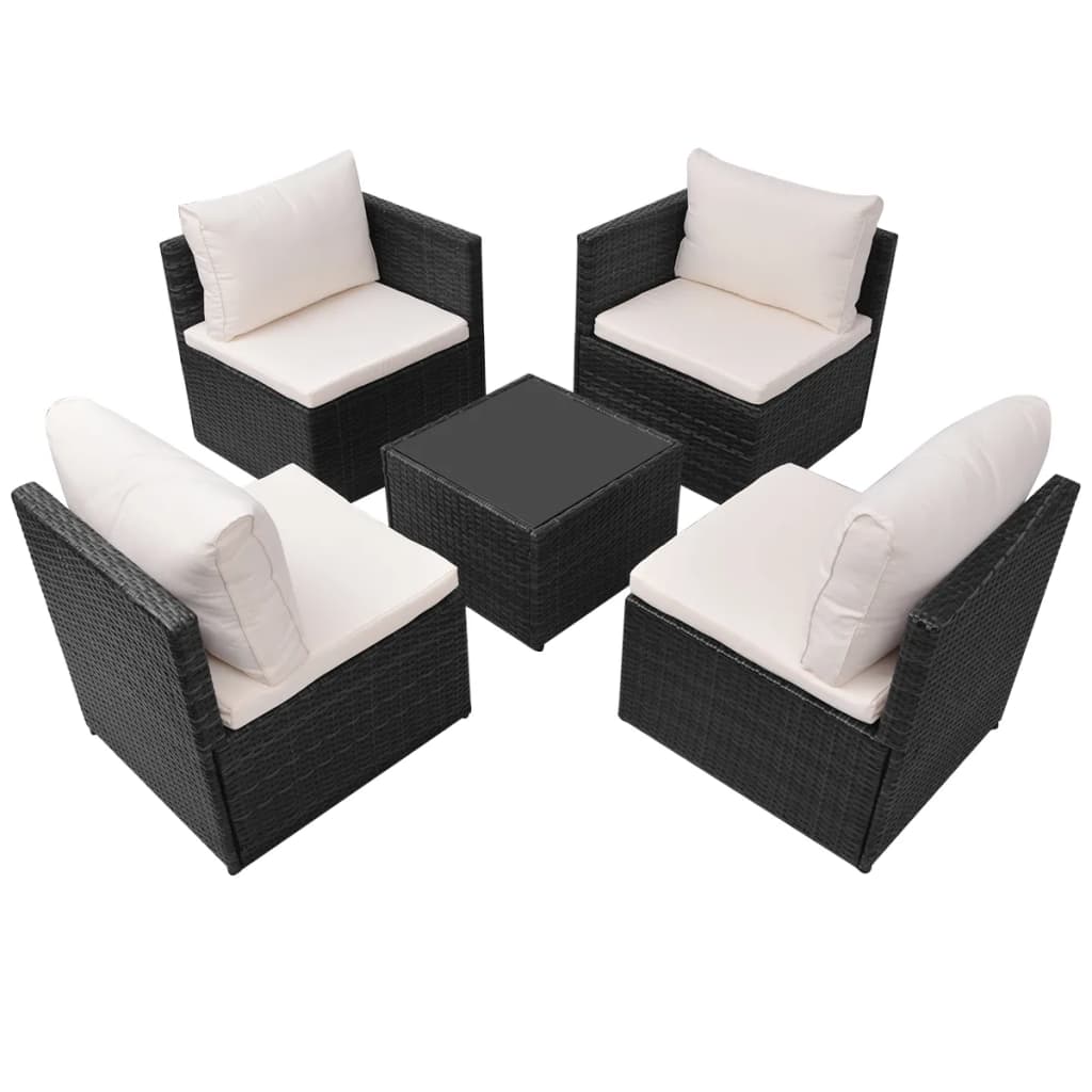 5-tlg. Garten-Lounge-Set mit Auflagen Poly Rattan Schwarz