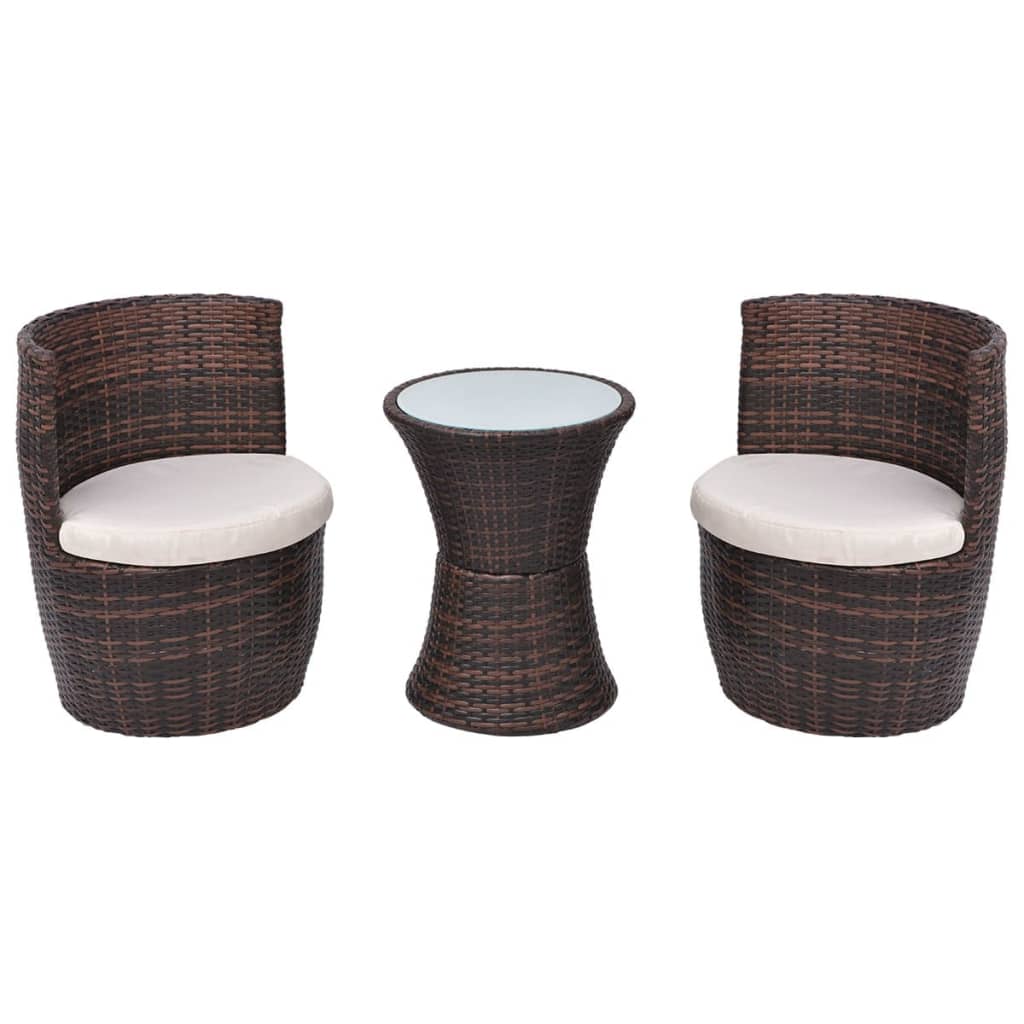 3-tlg. Bistro-Set mit Auflagen Poly Rattan Braun