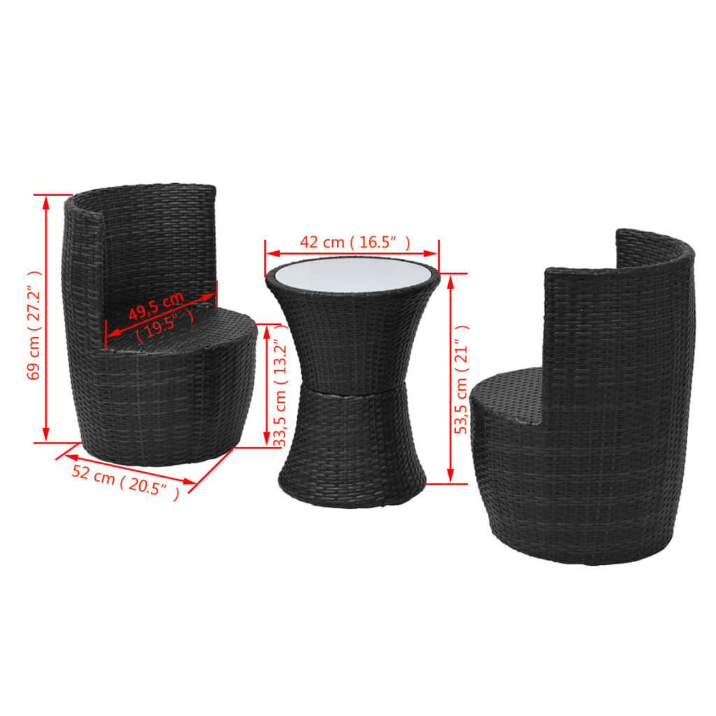 3-tlg. Bistro-Set mit Auflagen Poly Rattan Schwarz