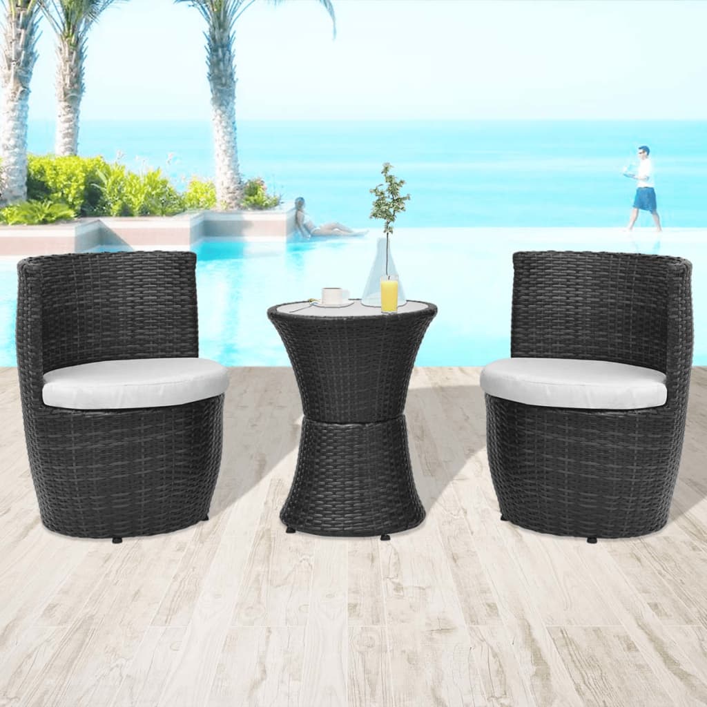 3-tlg. Bistro-Set mit Auflagen Poly Rattan Schwarz