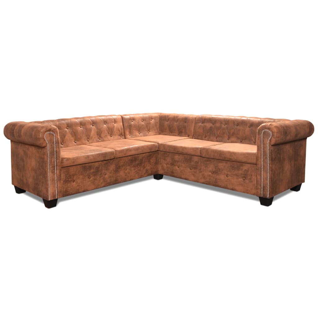 Chesterfield Ecksofa 5-Sitzer Kunstleder Braun