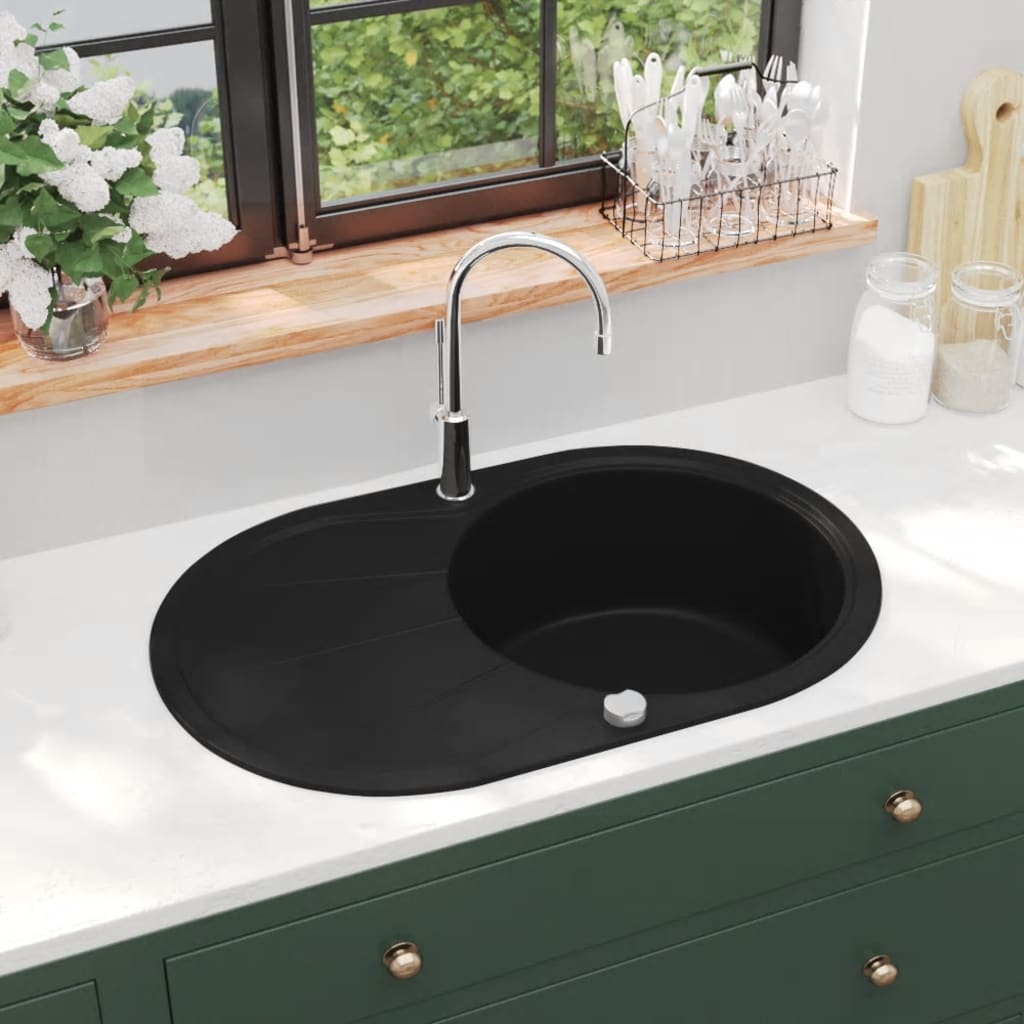 Granitspüle Einzelbecken Oval Schwarz