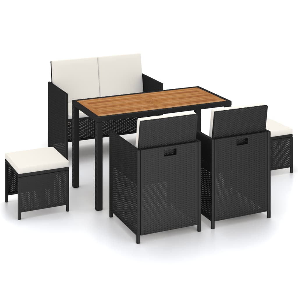 6-tlg. Garten-Essgruppe Poly Rattan Akazie Massivholz Schwarz