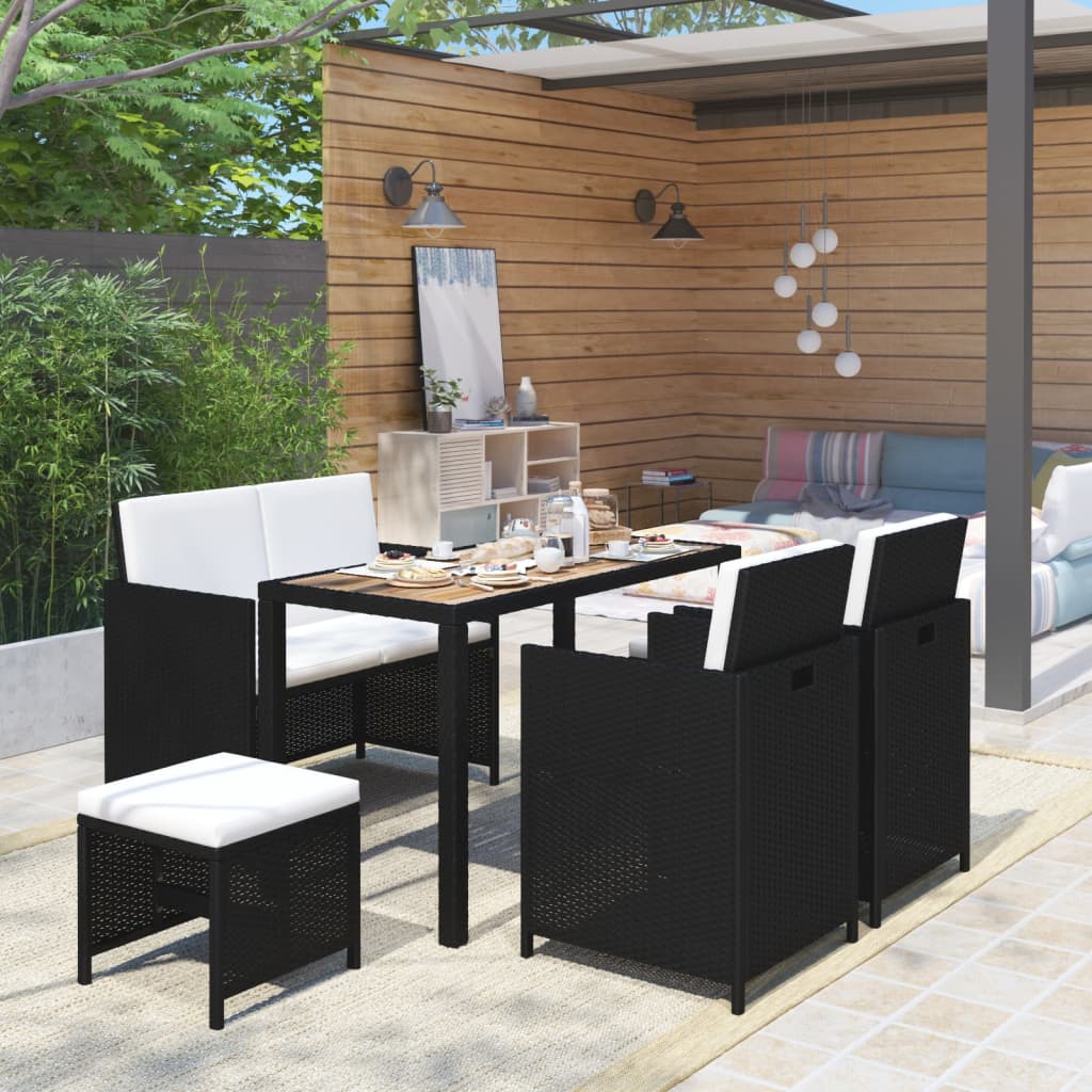 6-tlg. Garten-Essgruppe Poly Rattan Akazie Massivholz Schwarz