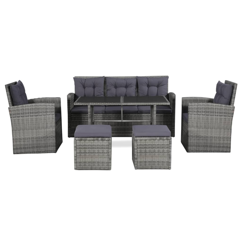 6-tlg. Garten-Lounge-Set mit Auflagen Poly Rattan Grau