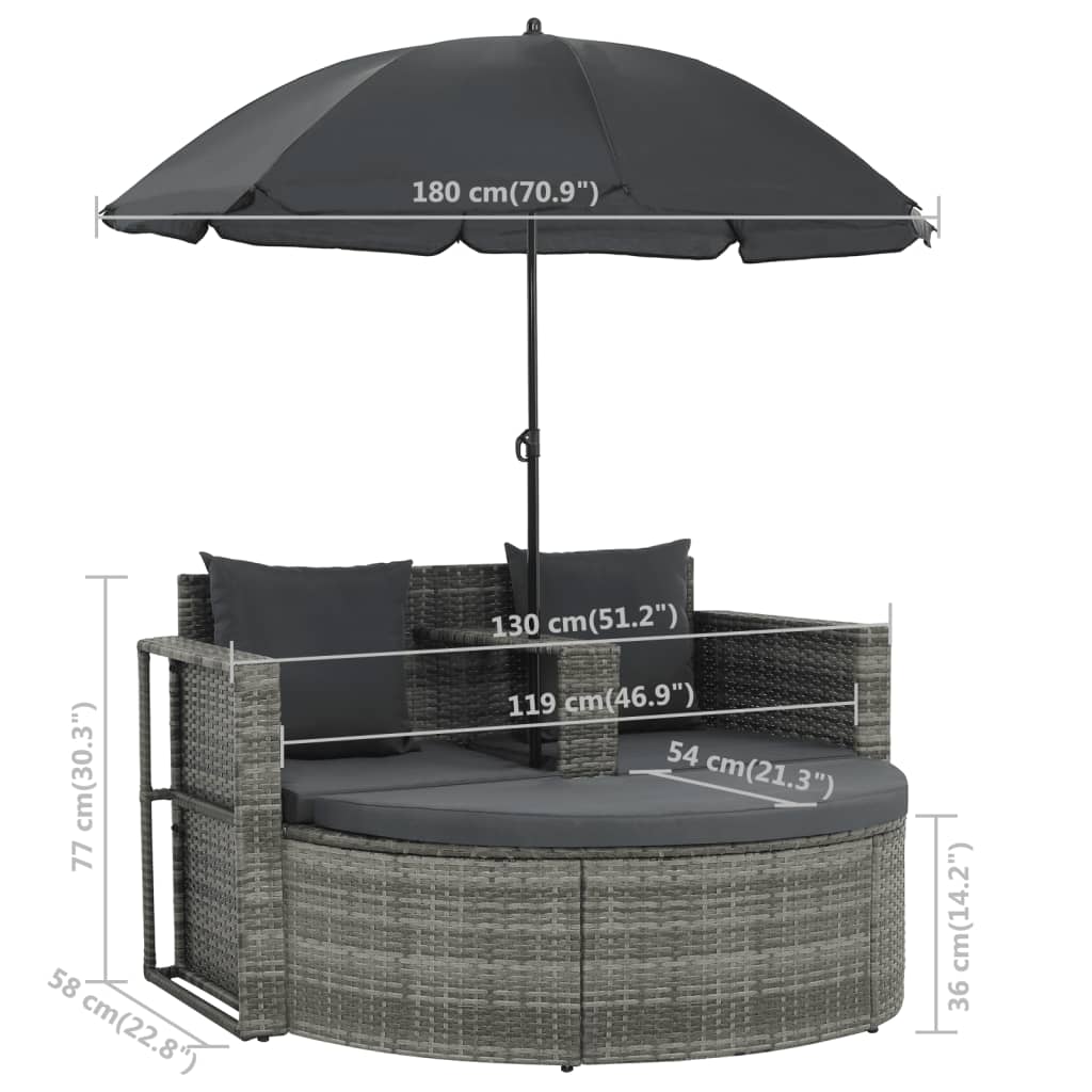 Gartenbett mit Sonnenschirm Grau Poly Rattan