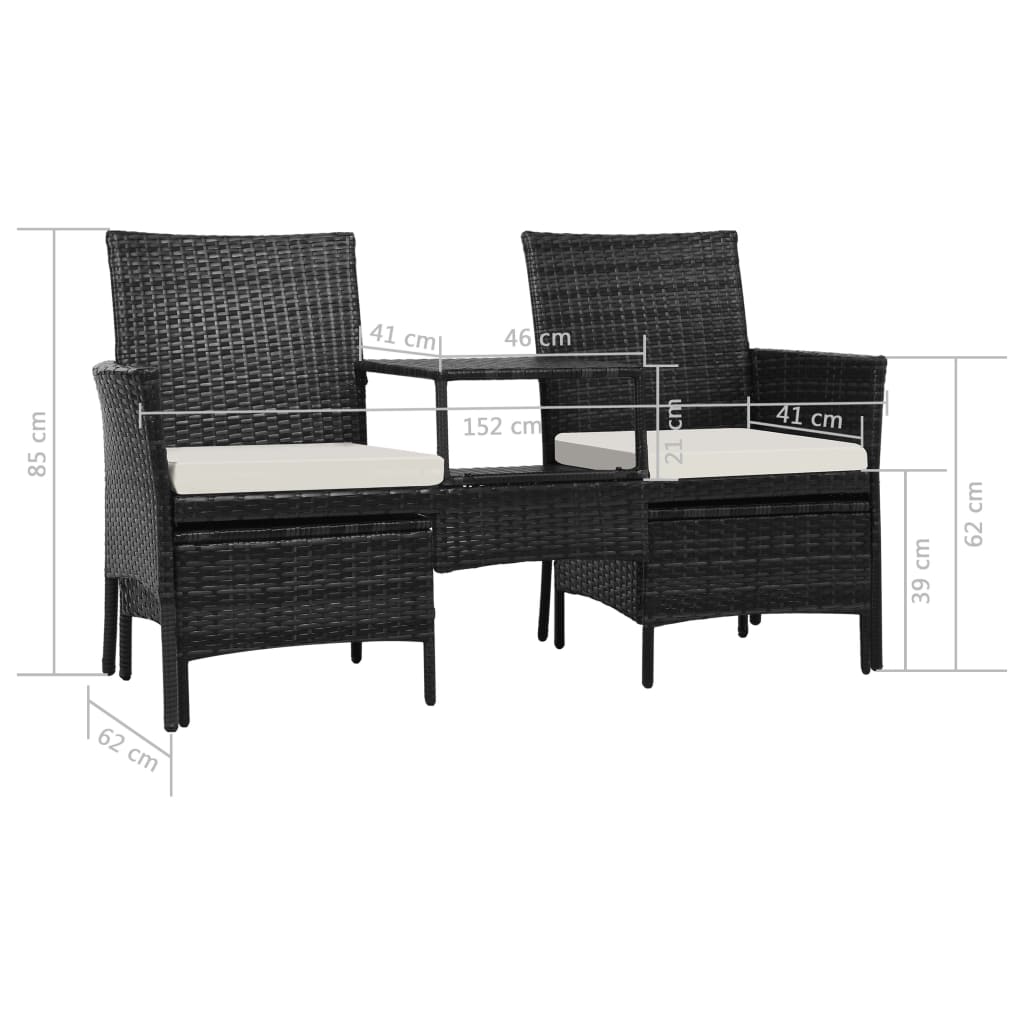 2-Sitzer-Gartensofa mit Tisch & Hocker Poly Rattan Schwarz