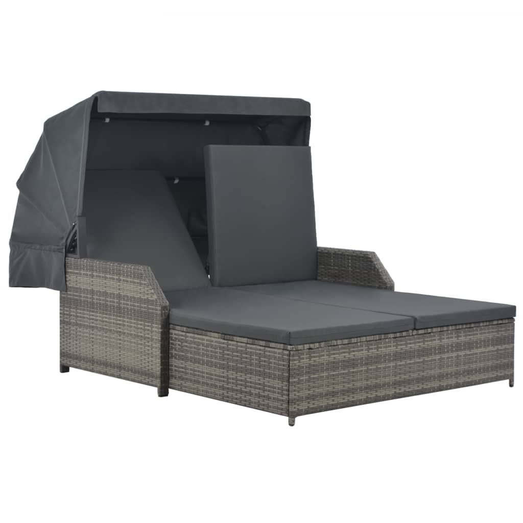 2-Personen-Sonnenliege mit Sonnendach Poly Rattan Grau