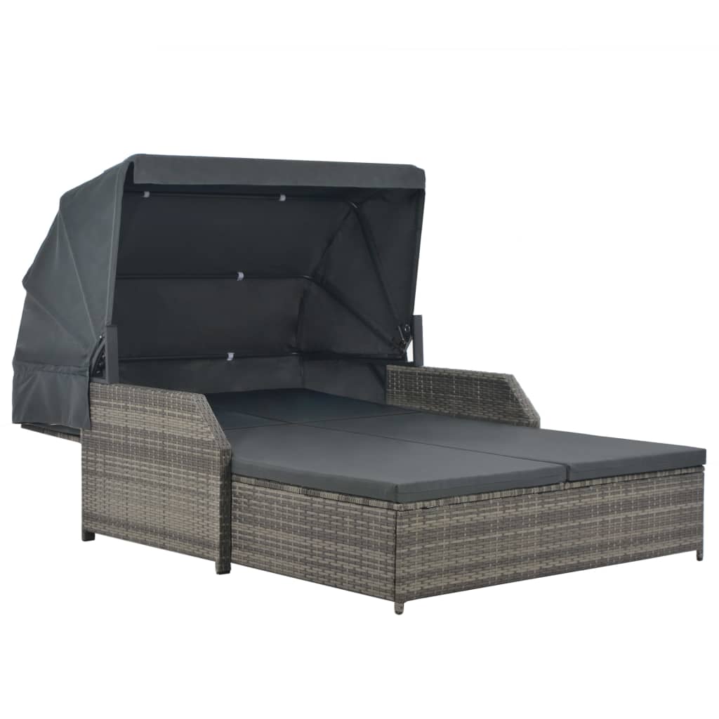 2-Personen-Sonnenliege mit Sonnendach Poly Rattan Grau