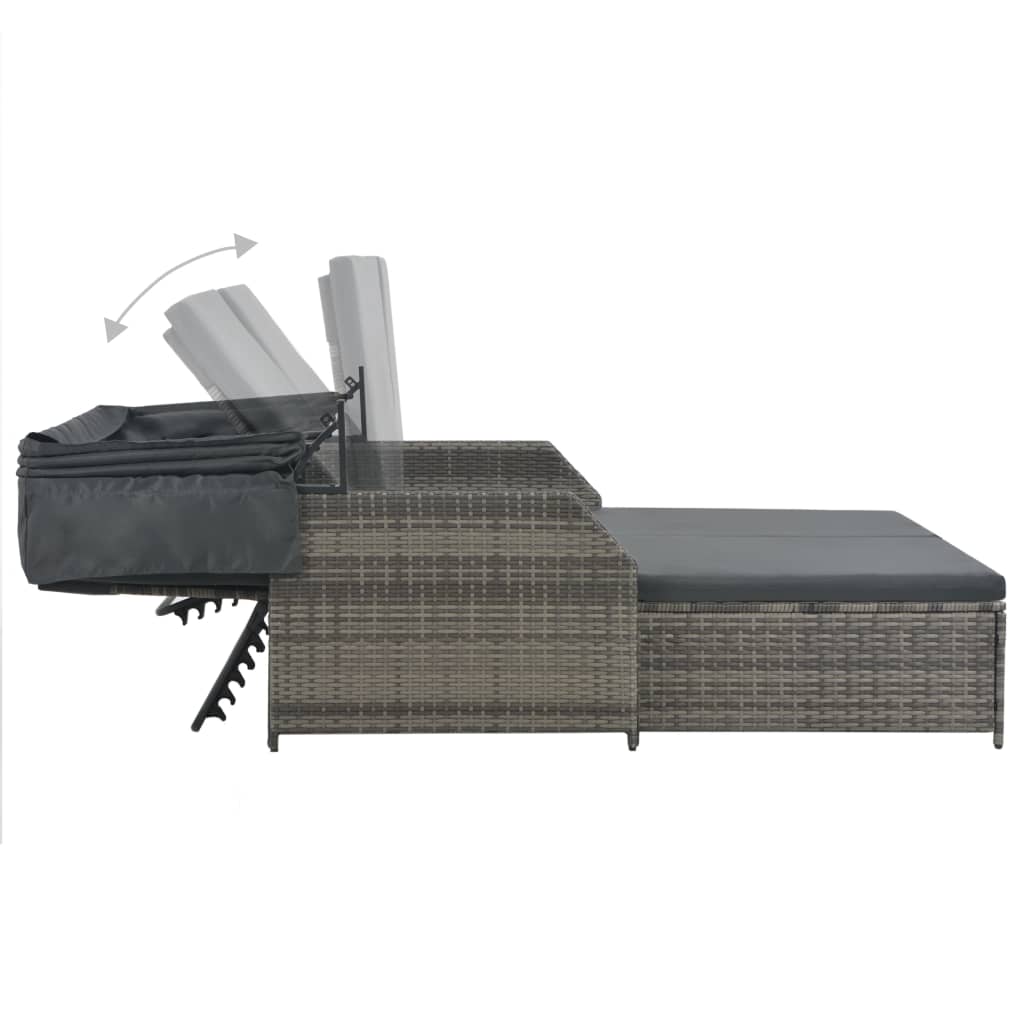 2-Personen-Sonnenliege mit Sonnendach Poly Rattan Grau