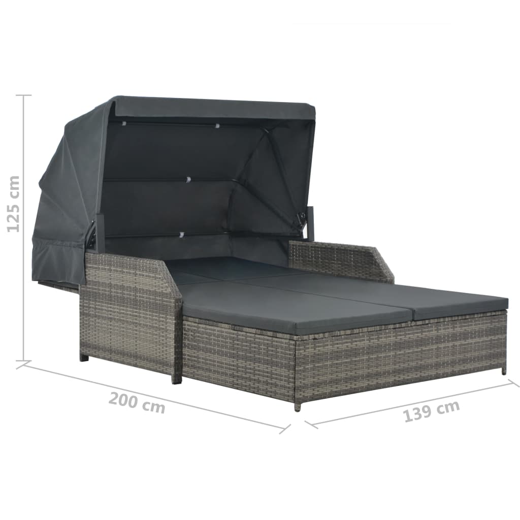 2-Personen-Sonnenliege mit Sonnendach Poly Rattan Grau