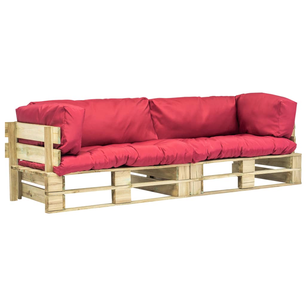 2-tlg. Garten-Palettensofa-Set mit Roten Kissen Kiefernholz