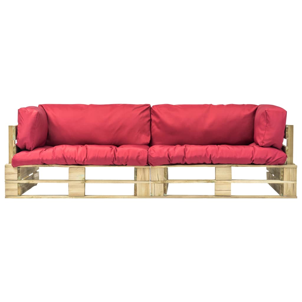 2-tlg. Garten-Palettensofa-Set mit Roten Kissen Kiefernholz