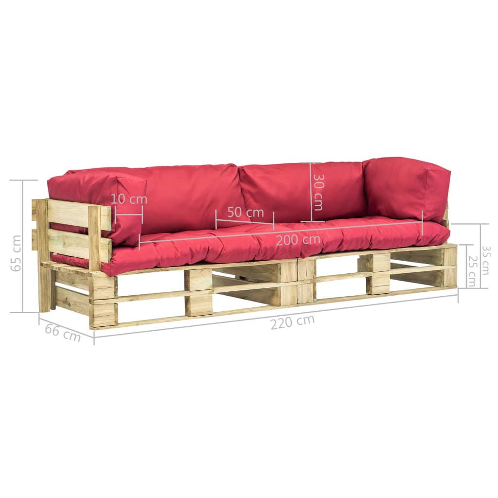 2-tlg. Garten-Palettensofa-Set mit Roten Kissen Kiefernholz