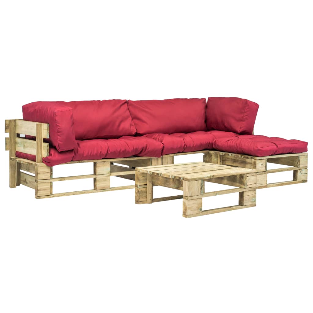 4-tlg. Outdoor-Lounge-Set Paletten mit Kissen in Rot Holz