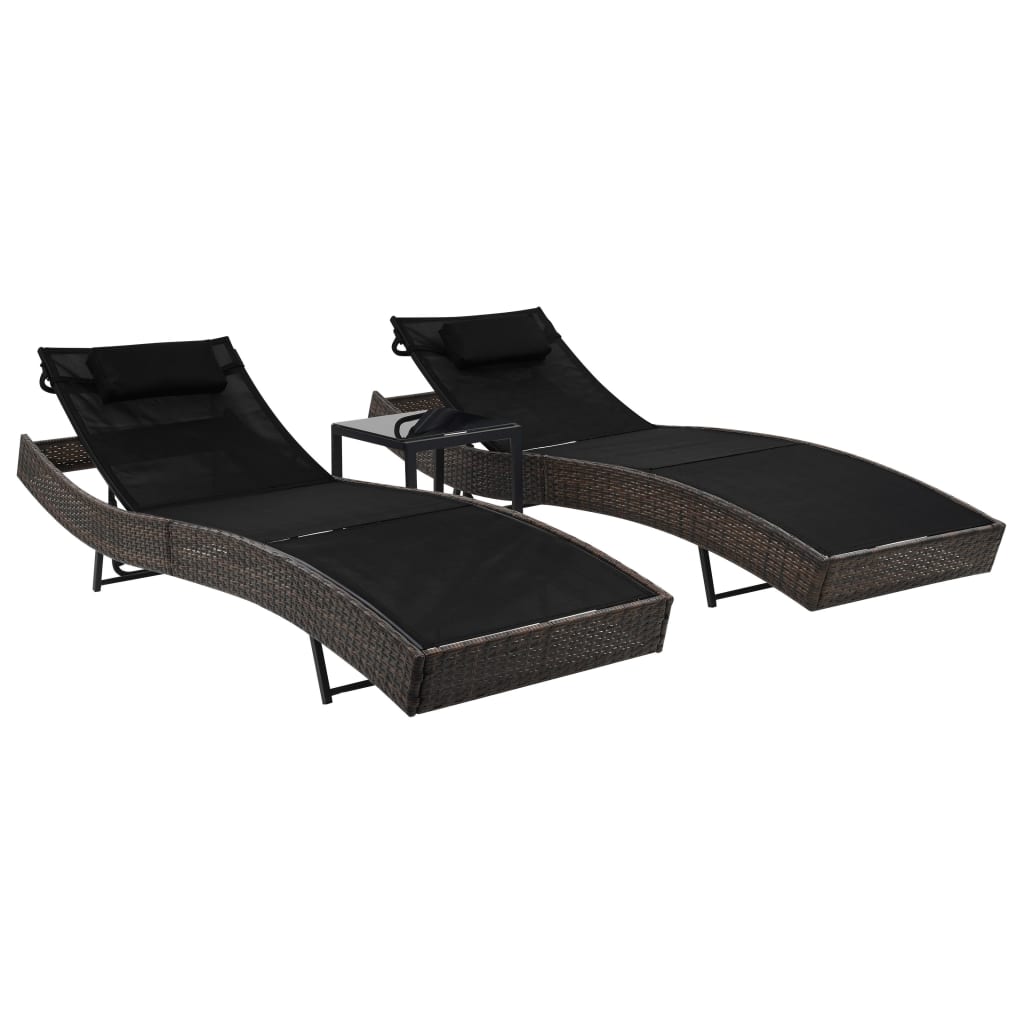 Sonnenliegen 2 Stk. mit Tisch Poly Rattan und Textilene Braun