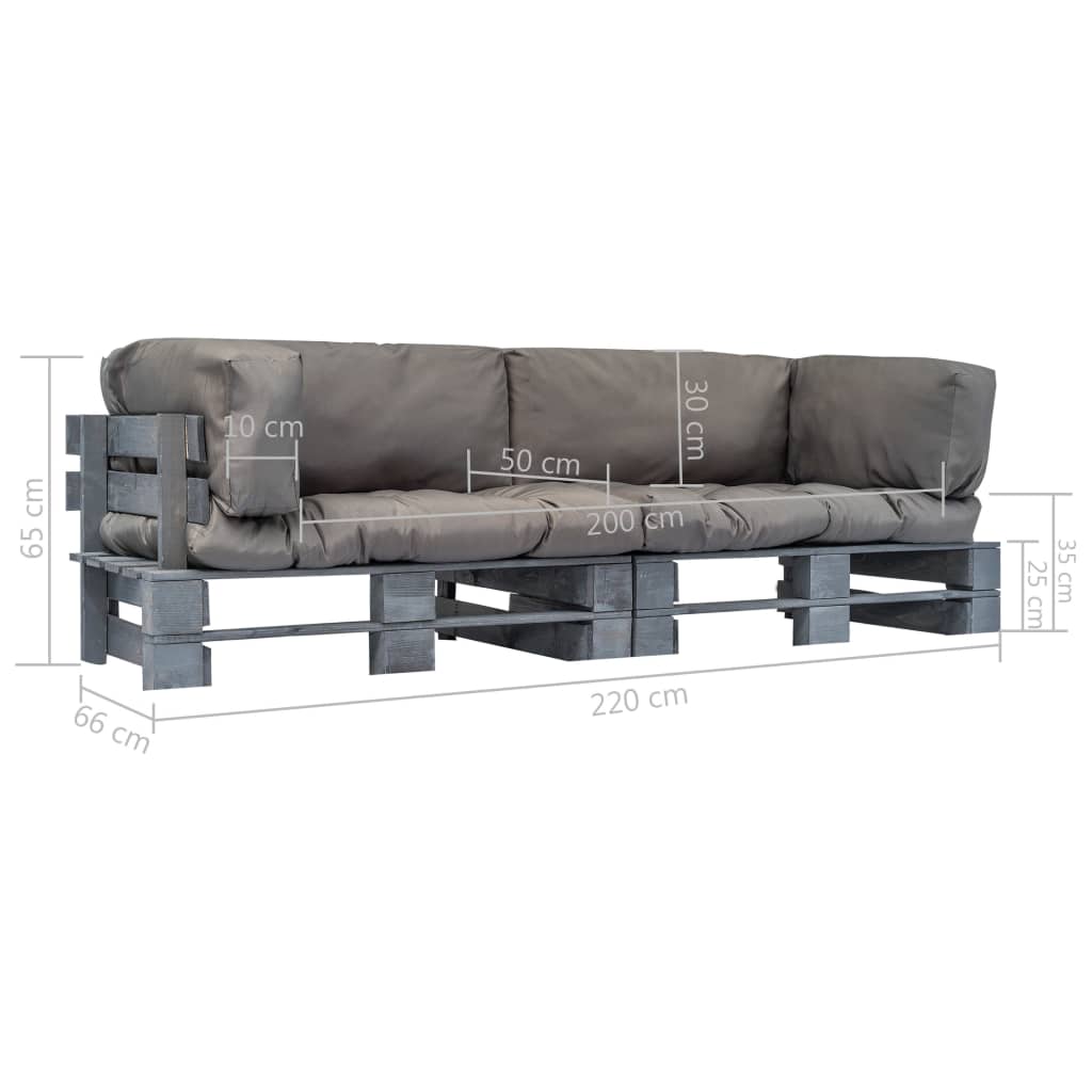 2-tlg. Garten-Palettensofa-Set mit Grauen Kissen Kiefernholz