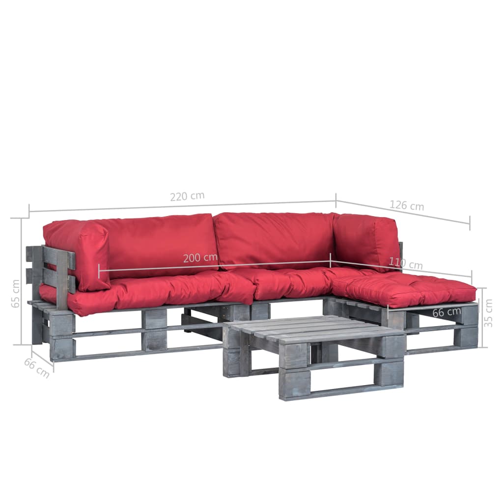 4-tlg. Garten-Lounge-Set Paletten Rote Auflagen Holz