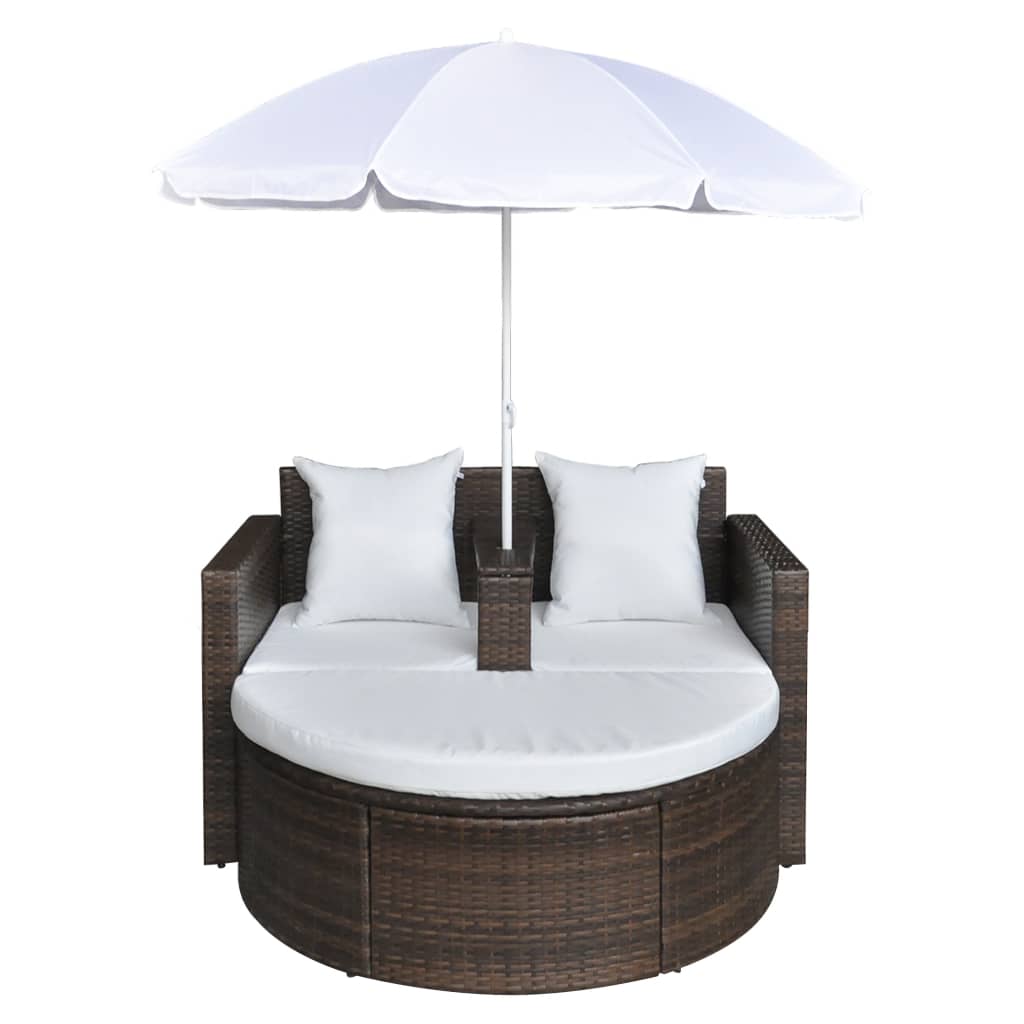 Gartenbett mit Sonnenschirm Braun Poly Rattan