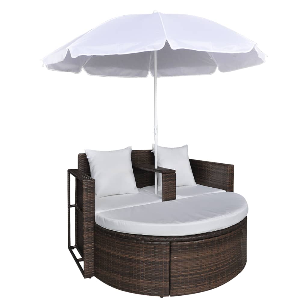 Gartenbett mit Sonnenschirm Braun Poly Rattan