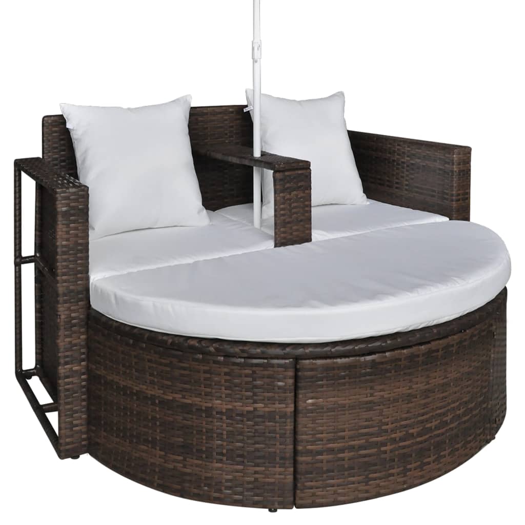 Gartenbett mit Sonnenschirm Braun Poly Rattan