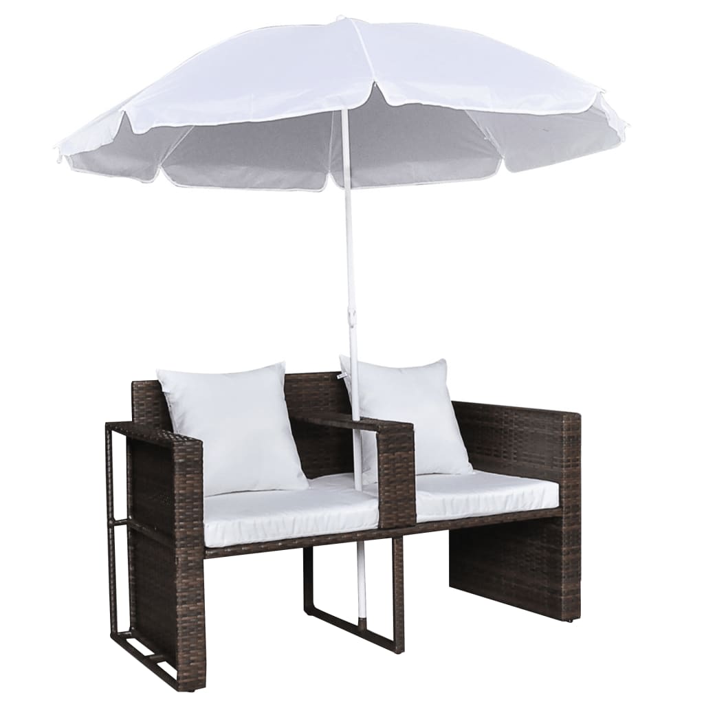 Gartenbett mit Sonnenschirm Braun Poly Rattan