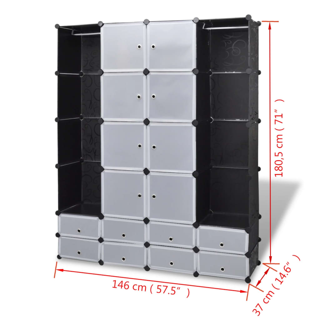 240501 vidaXL Modular Cabinet with 18 Compartments Black and White 37 x 146 x 180,5 cm